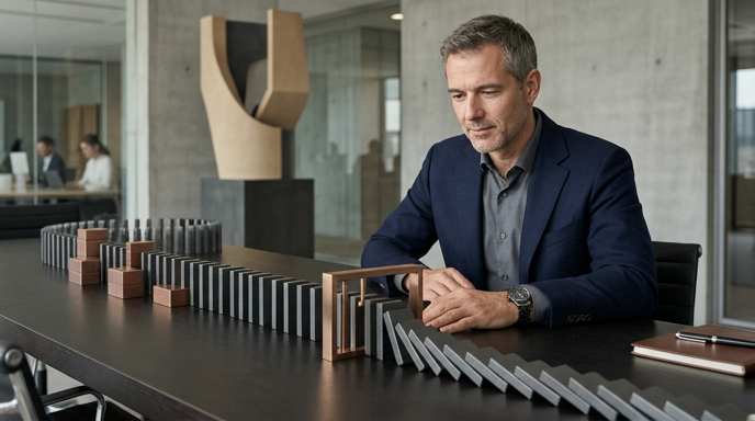 Business professional stopping a chain reaction to illustrate risk management