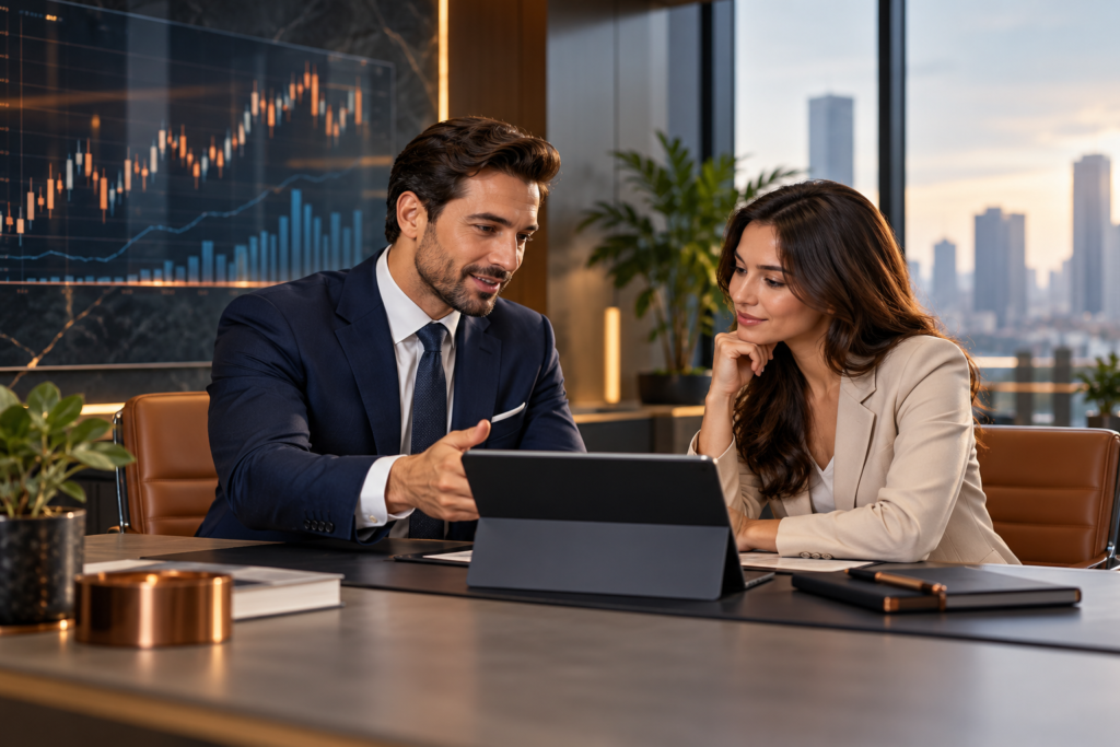 Stock broker discussing investment options and market trading with a client