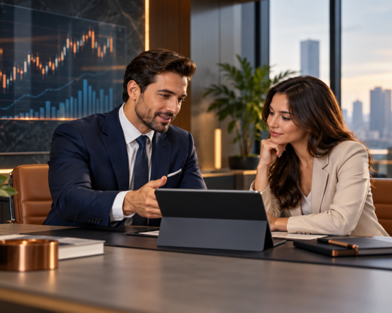 Stock broker discussing investment options and market trading with a client