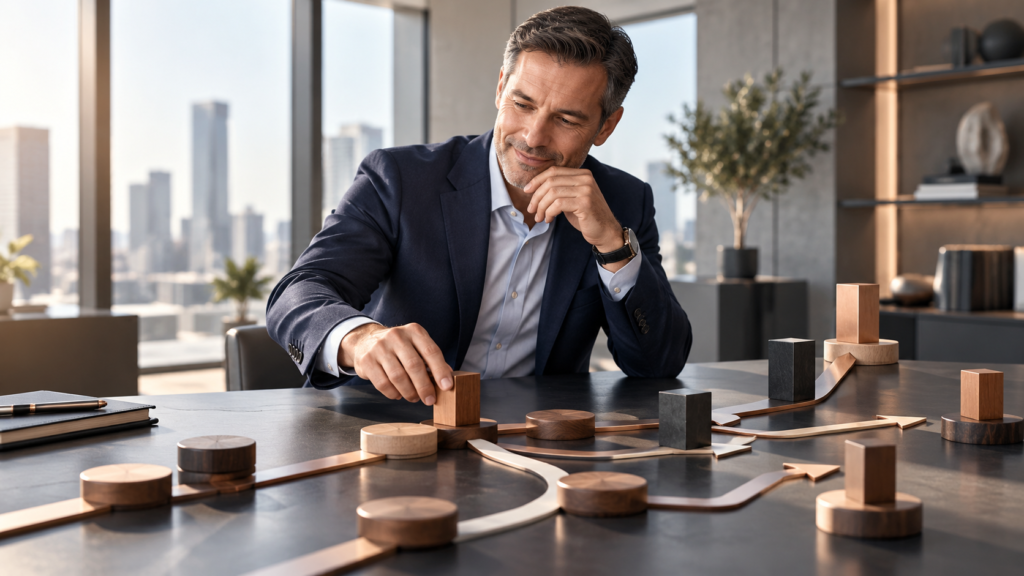 Business professional mapping strategic choices and growth priorities