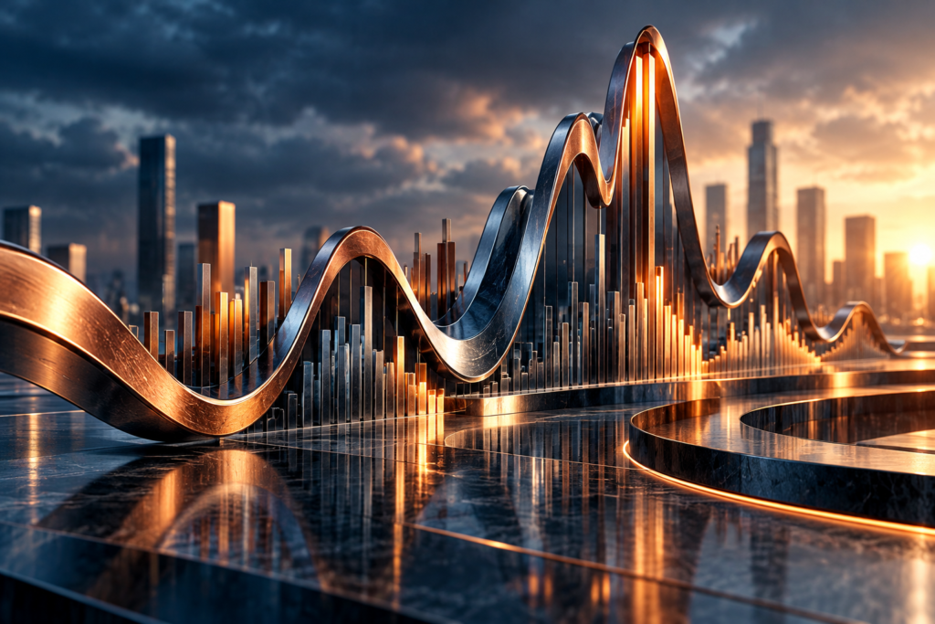 Abstract visualization of stock market volatility with rising and falling market waves