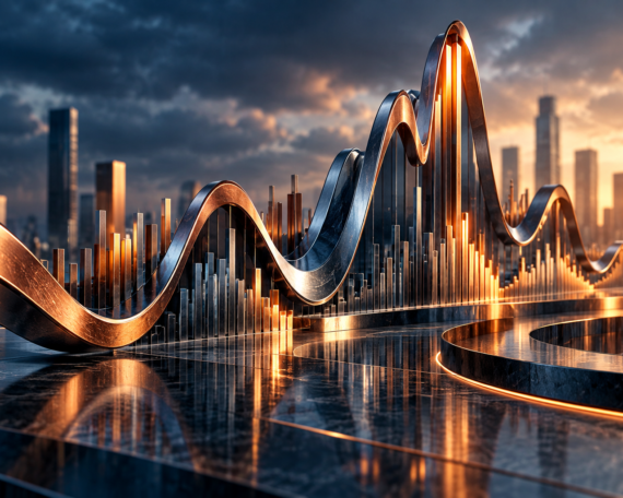 Abstract visualization of stock market volatility with rising and falling market waves