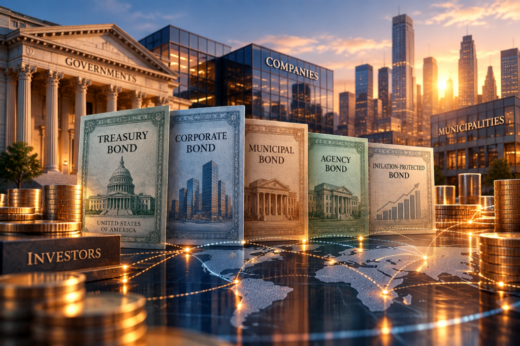 Bond market structure with government, corporate, municipal and agency debt securities