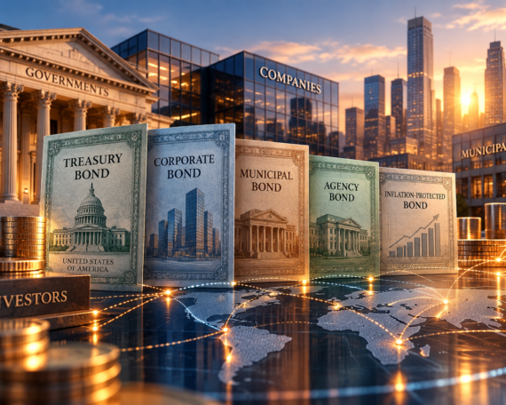 Bond market structure with government, corporate, municipal and agency debt securities
