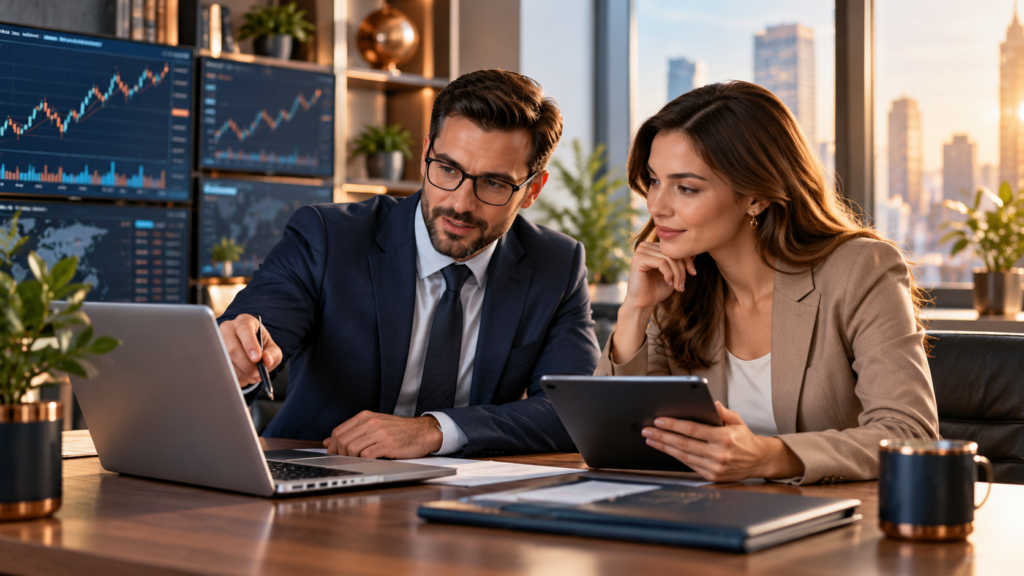 Online stock broker reviewing trading platforms and investment options with a client