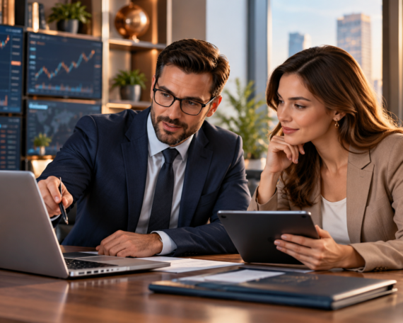 Online stock broker reviewing trading platforms and investment options with a client