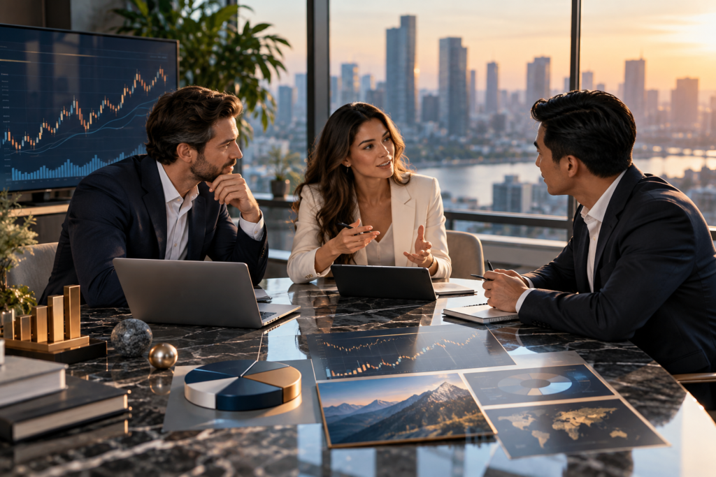 Investors discussing stock market strategies and diversified portfolio allocation