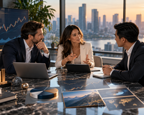 Investors discussing stock market strategies and diversified portfolio allocation